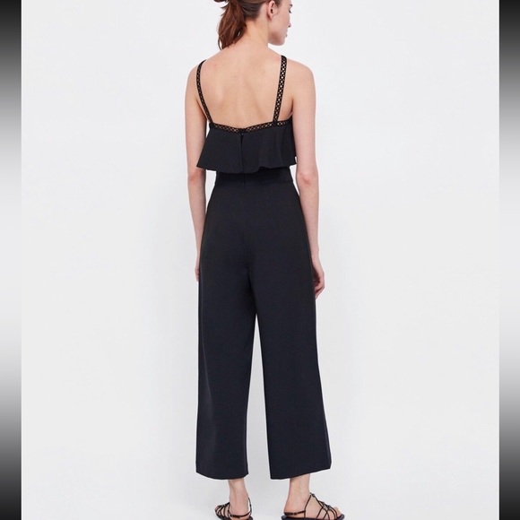 Zara Black Lace Trim Wide Leg Crop Jumpsuit - Picture 4 of 16